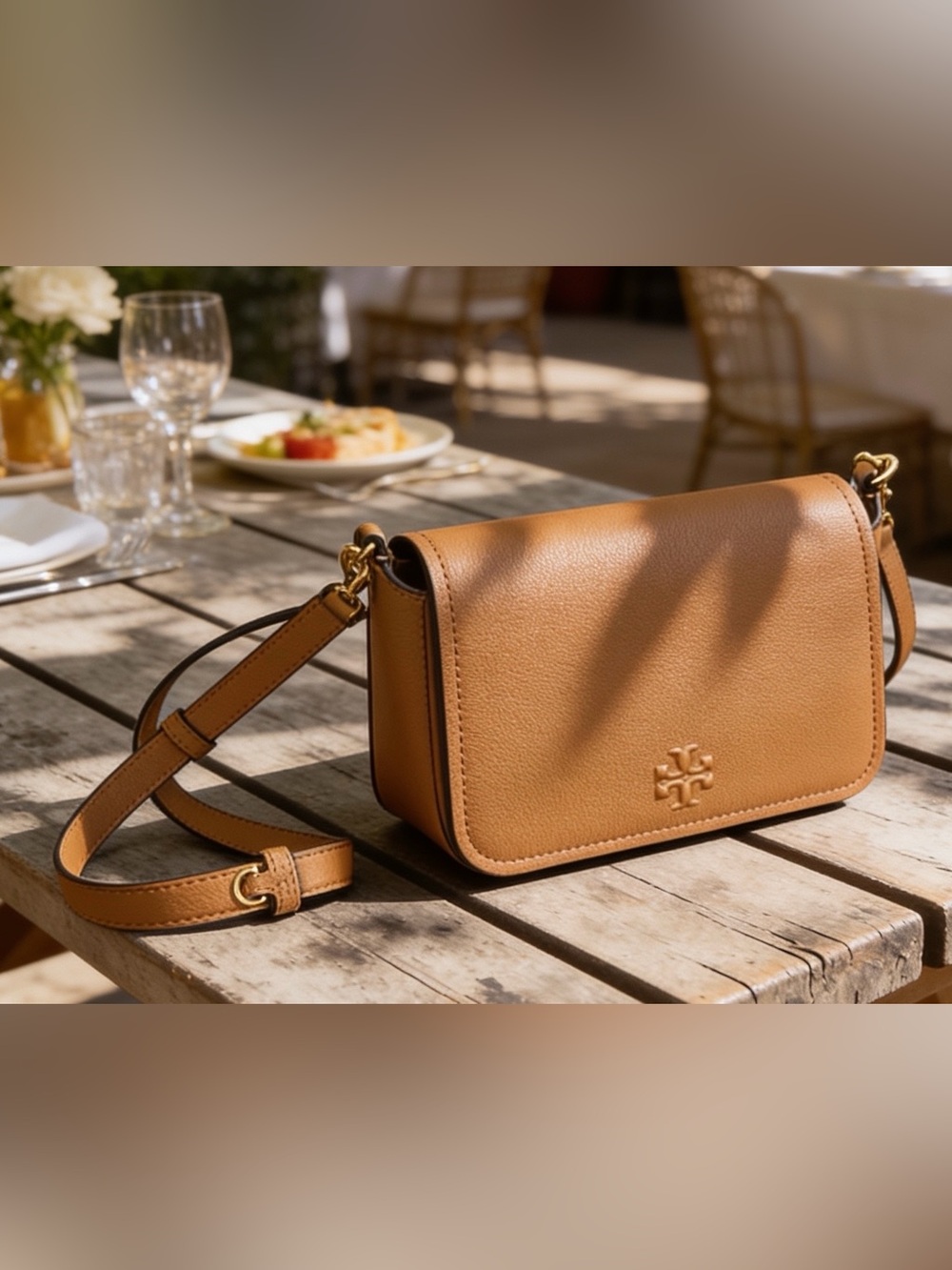 Tory Burch Flap Crossbody 170477 Pebbled Leather Tiramisu Reg $475 Two Straps
